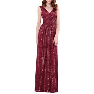 Women Sequin Bridesmaid Dress Sleeveless Maxi Evening Prom Dress Burgundy